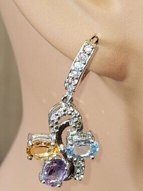 .925 Sterling Silver Amethyst, Citrine, Topaz & CZ Dangling Earrings. Value $685
